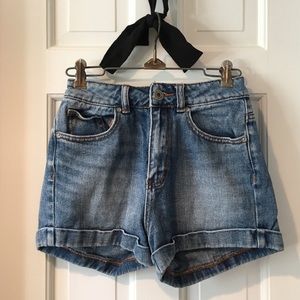 High waisted medium wash cuffed denim shorts
